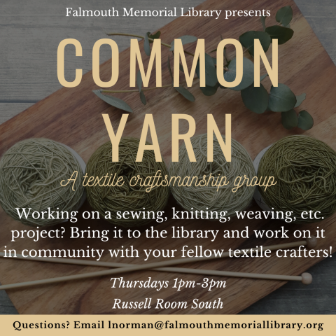 common yarn text over image of yarn and knitting needles