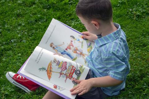 young boy reading a picture book