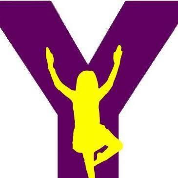 purple letter Y with the yellow outline of a young girl in tree pose