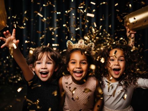 kids celebrating with streamers and party hats