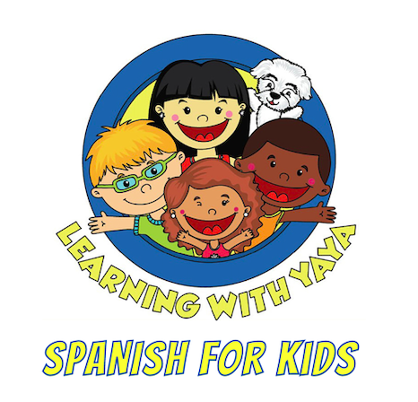 an illustration of smiling children of multiple ethnic backgrounds with the words "Learning with Yaya- Spanish for Kids"