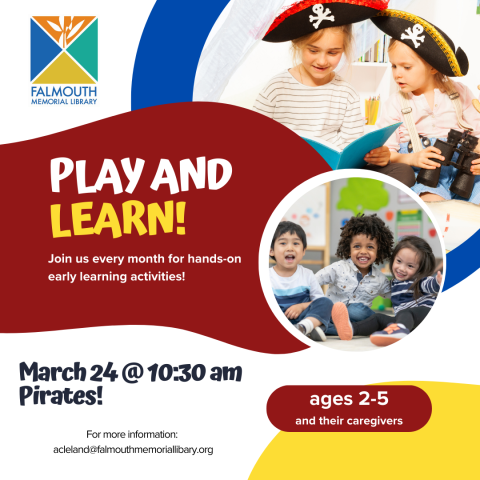 Images shows young children dressed as pirates. The event will be March 24th from 10:30-11:30 for preschool age children and their families. 