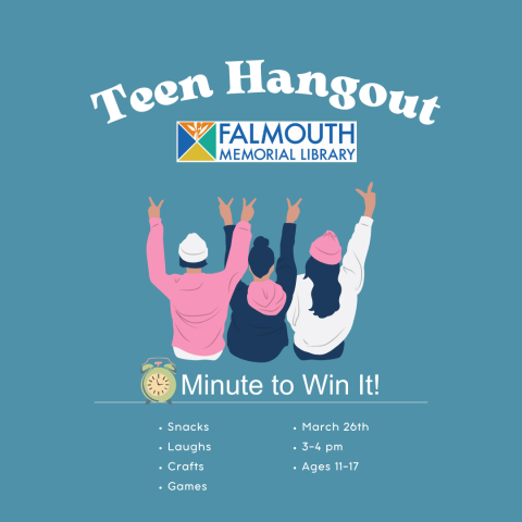 cartoon depicting the backs of three teenagers holding up their hands. The Teen Hangout in March will be Minute to Win It style games. There will also be snacks. 