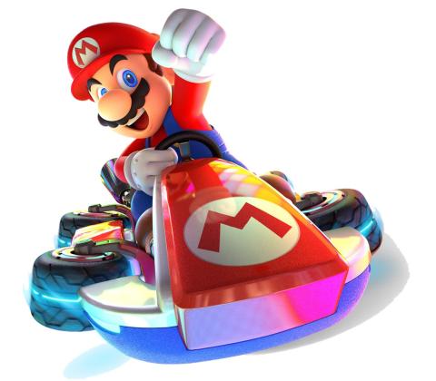 a cartoon of Super Mario with his fist in the air riding a Kart