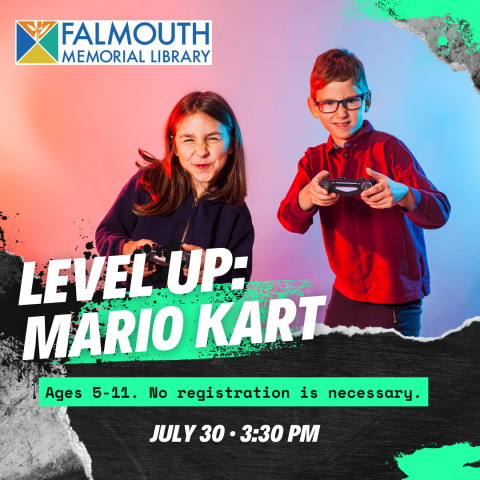photo of two kids playing video games with the words Level Up Mario Kart