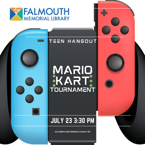 photo of a Nintendo Switch controller with the words Teen Hangout Mario Kart Tournament