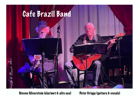 two men holding instruments with words cafe brazil band over image