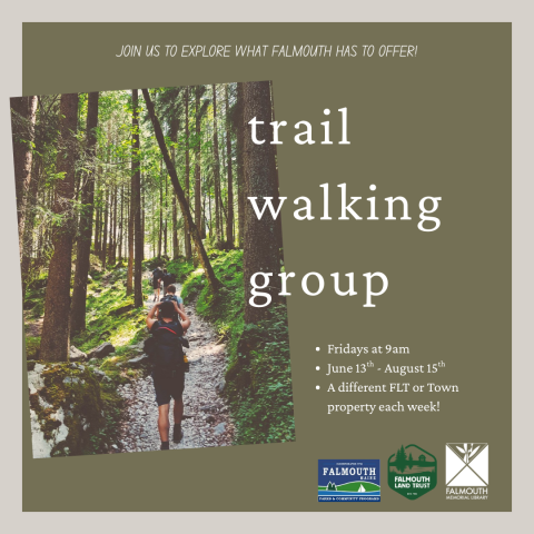 image of people walking up a wooded trail with words trail walking group and event details