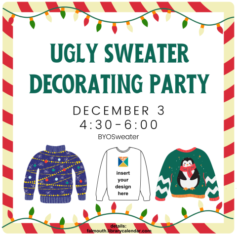 candy cane and christmas lights border with words ugly sweater decorating party and three sweater images