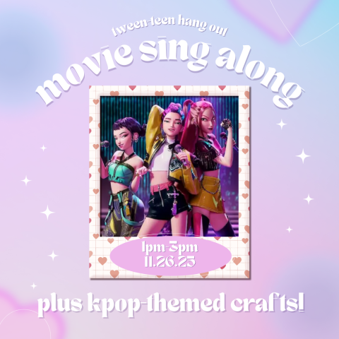 a picture of the animated characters Zoey, Rumi, and Mira holding mics on a white polaroid with pink hearts 