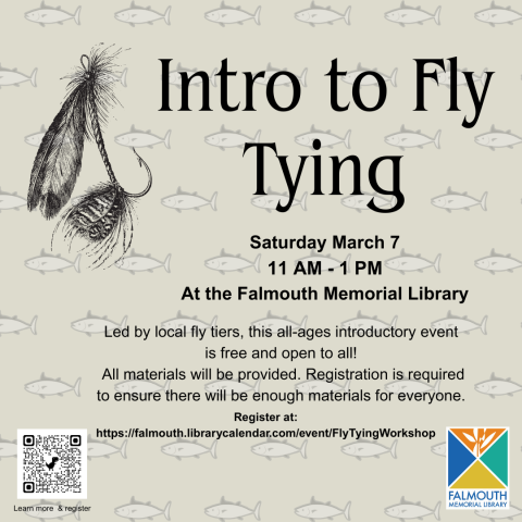 small fish and a flyfishing fly Falmouth Memorial Library and QR code