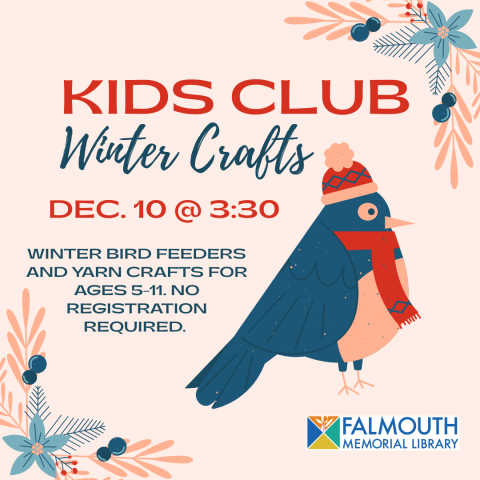 a peach background with a cartoon bluebird in a red scarf and hat. 