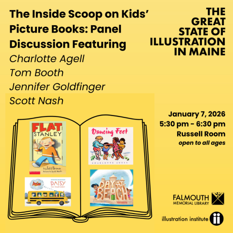 outline of book with book covers for Dancing Feet by Charlotte Agell, Flat Stanley by Scott Nash, Day at the Beach by Tom Booth, and Daisy the Daydreamer by Jennifer Goldfinger