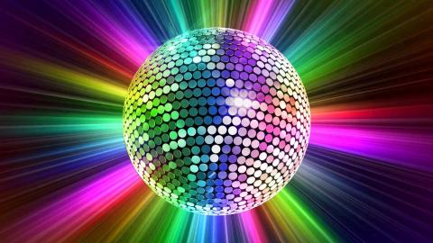 a rainbow disco ball hangs in the center, radiating rays of pink, green, and purple lights and