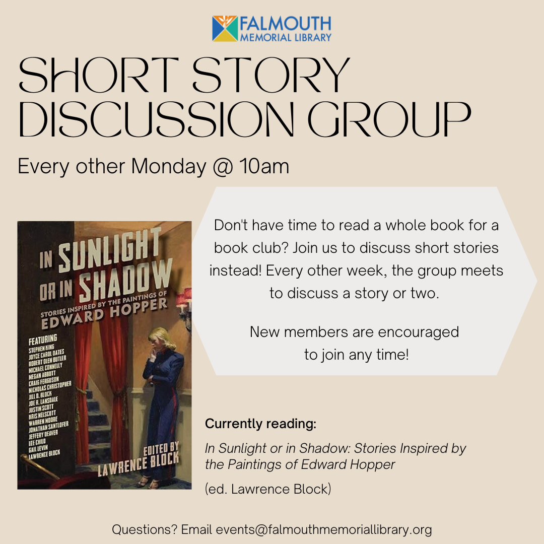 Short Story Discussion Group with cover of in sunlight or in shadow book and description of event