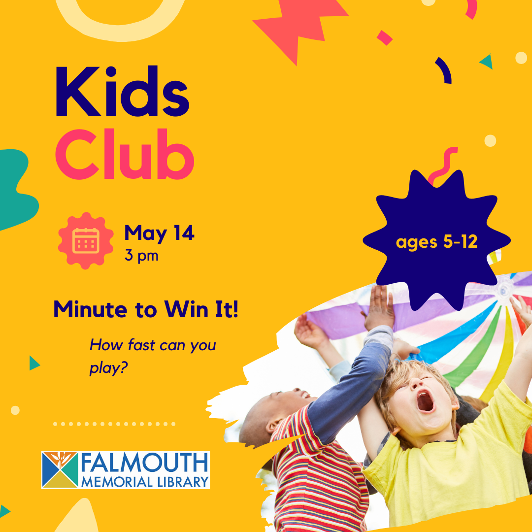 a photo of kids cheering with the words Kids Club May 14 3pm
