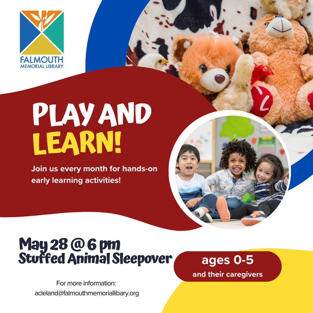 a photo of stuffed animals and preschool age children with the words play and learn may 28 at 6 pm 