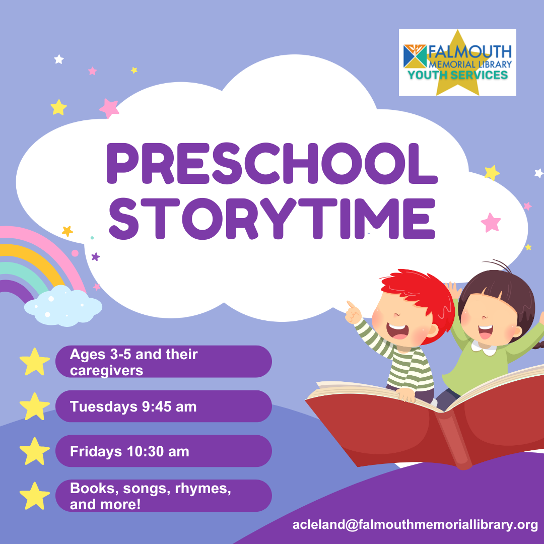 a drawing of two children flying on a book with the words Preschool Storytime