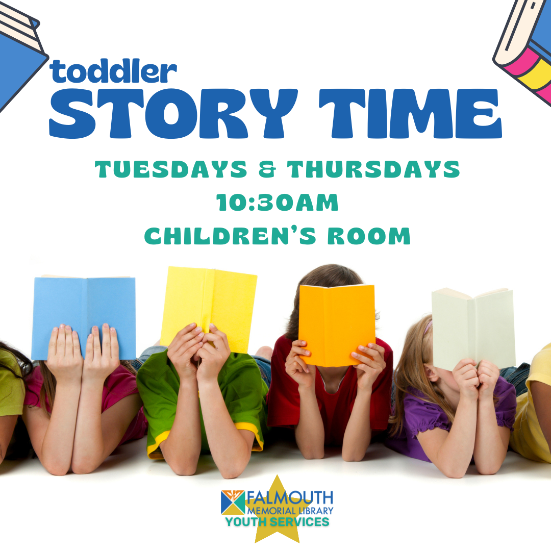 a photo of children with books in front of their faces and the words toddler storytime above them