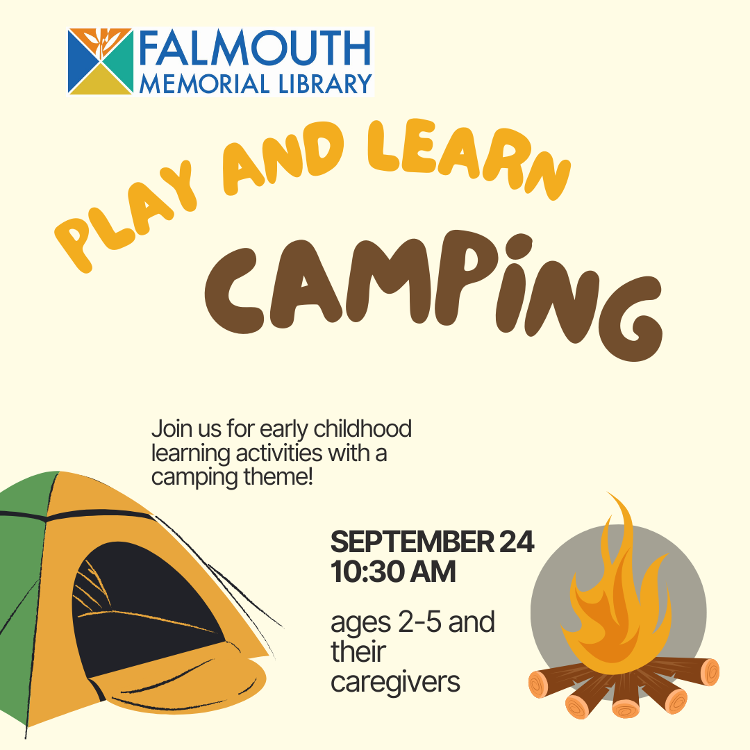 a drawing of a tent and a campfire with the words Play and Learn Camping