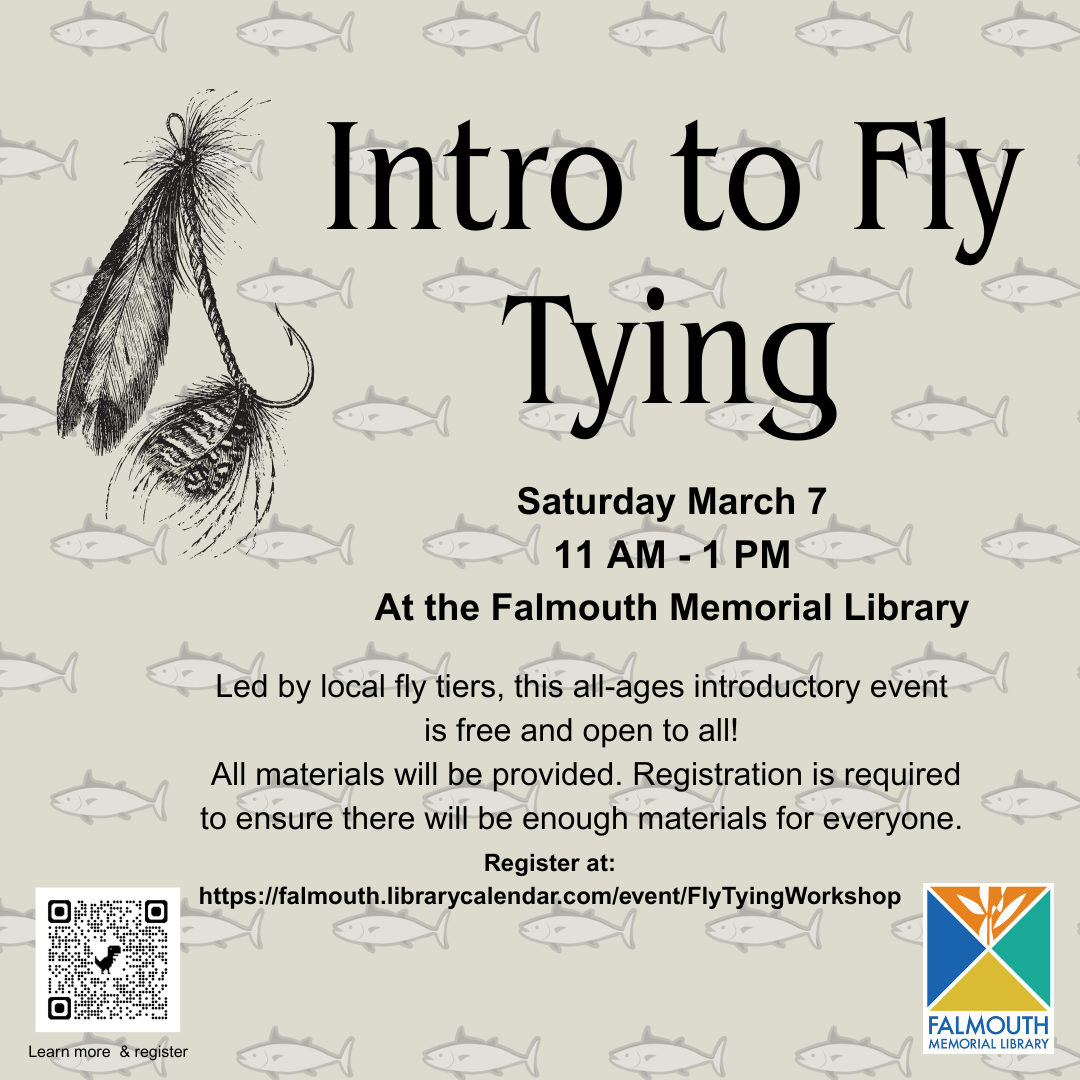 small fish and a flyfishing fly Falmouth Memorial Library and QR code