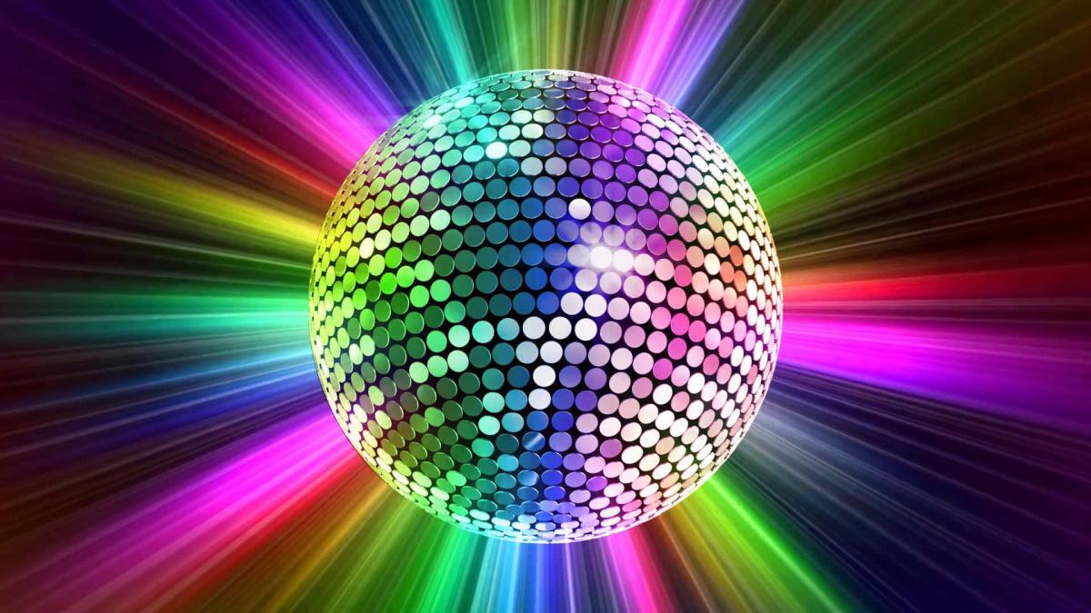 a rainbow disco ball hangs in the center, radiating rays of pink, green, and purple lights and